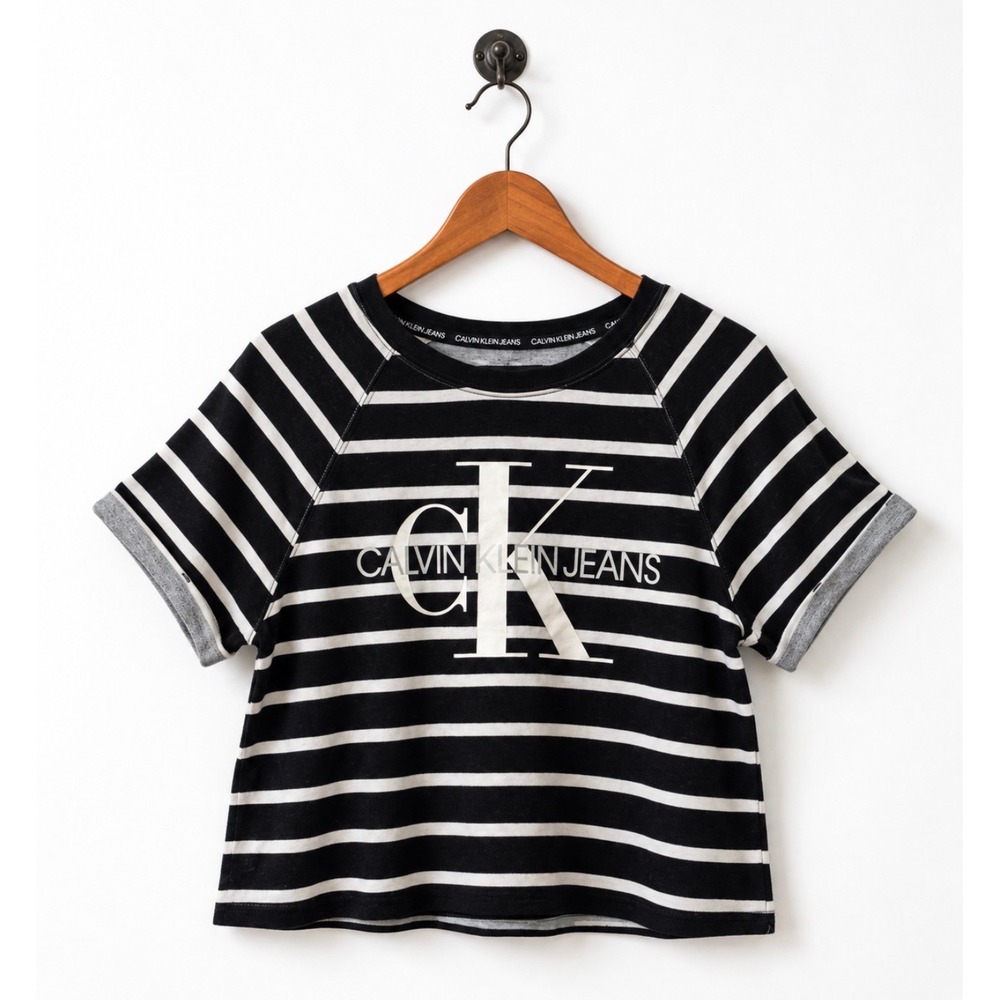 Calvin Klein Jeans Black White Striped CK Logo Cropped Top Size‎ S